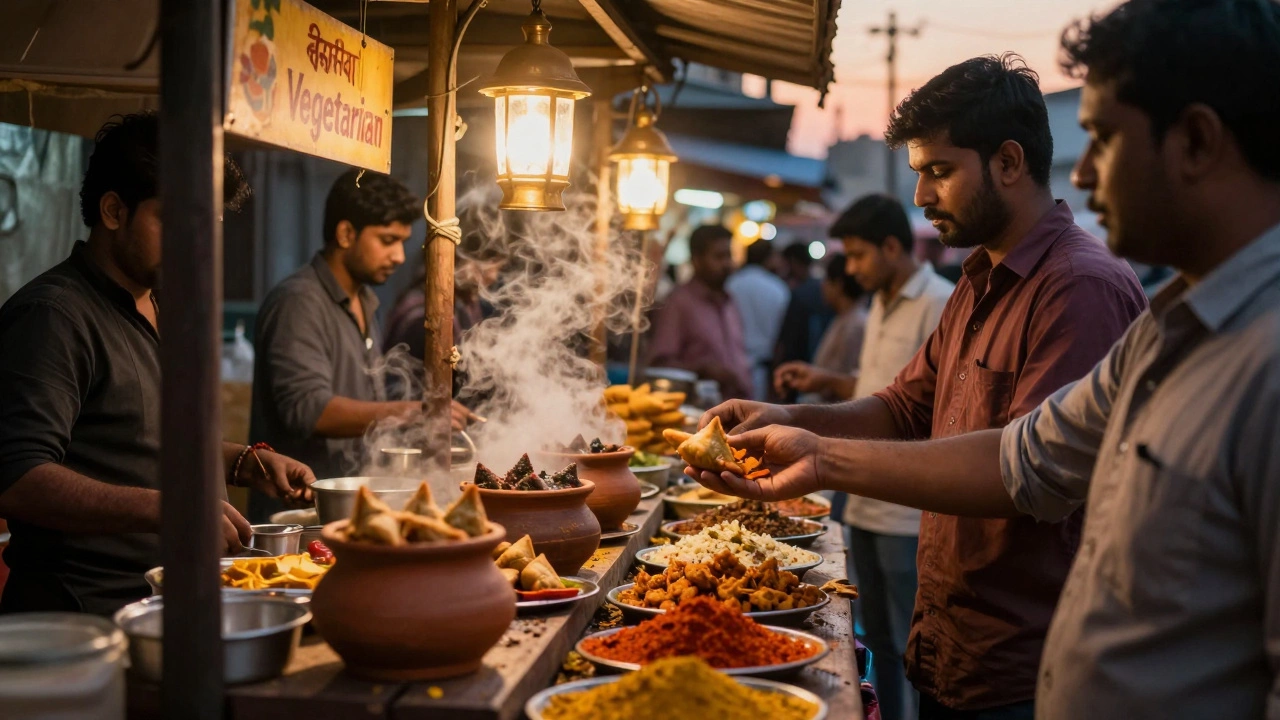 Street food vendor serving vegetarian snacks like samosas and chana chaat in a Mumbai market.