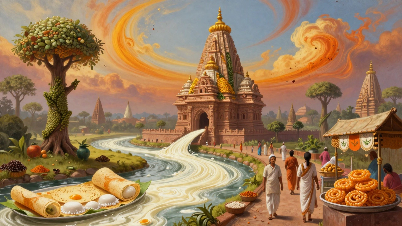 Surreal vision of India as a vegetarian paradise with lentil trees, yogurt rivers, and food-lined roads.