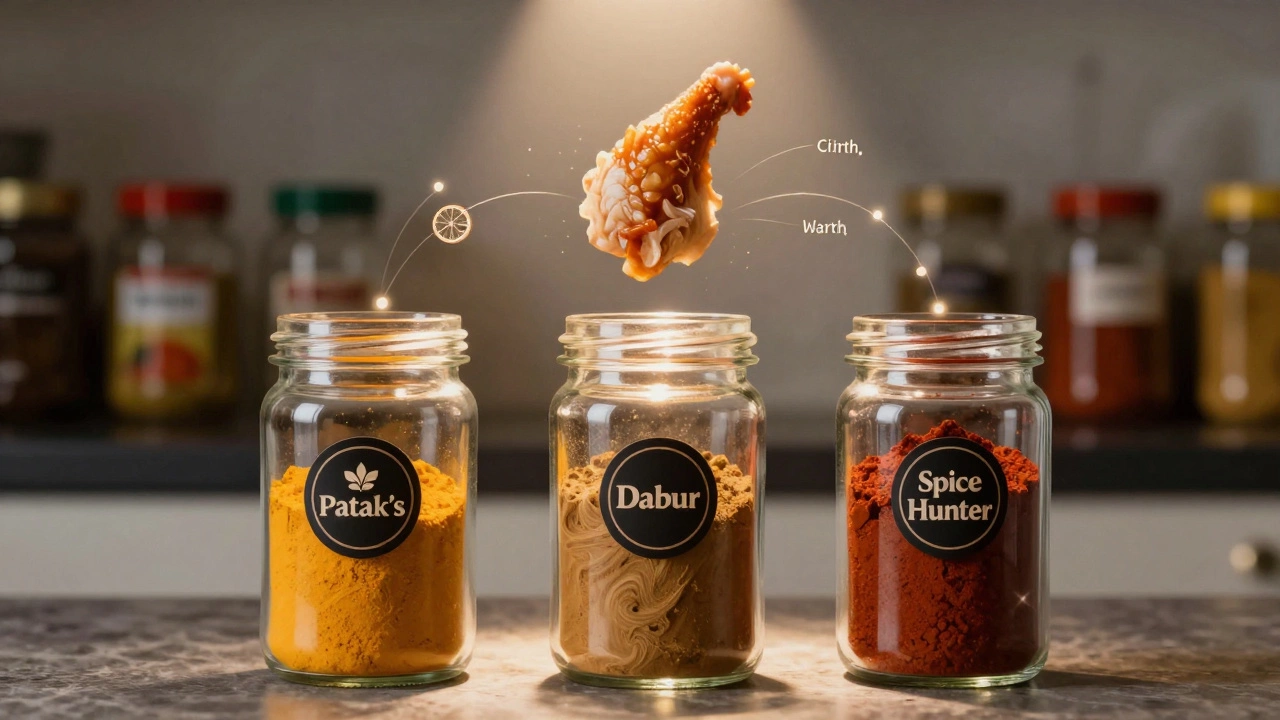 Three spice jars float with colored powders as a chicken piece glows above them, with faded expired jars in the background.