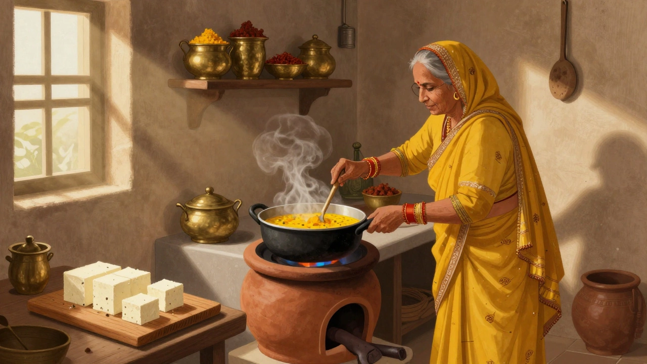 Traditional Indian kitchen with woman stirring dal makhani, spices on brass shelves, warm sunlight streaming in.
