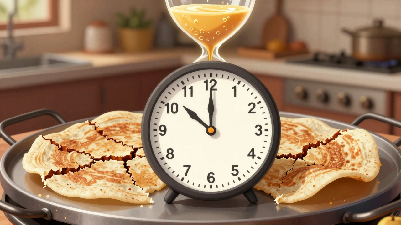 A clock showing one hour with flat dosas and glowing bubbles, illustrating why fermentation can't be rushed.