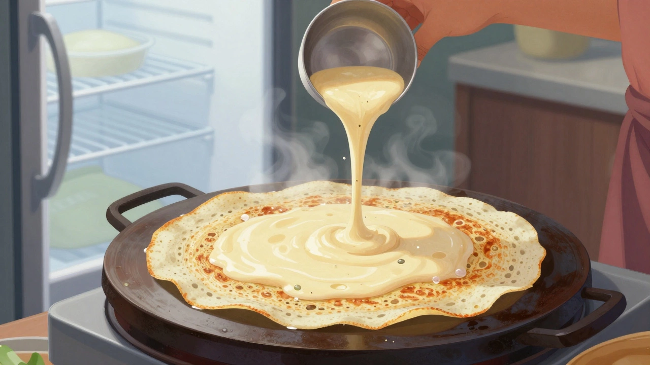 A dosa being poured onto a hot tawa, spreading into a crisp, golden lacy circle with steam rising.