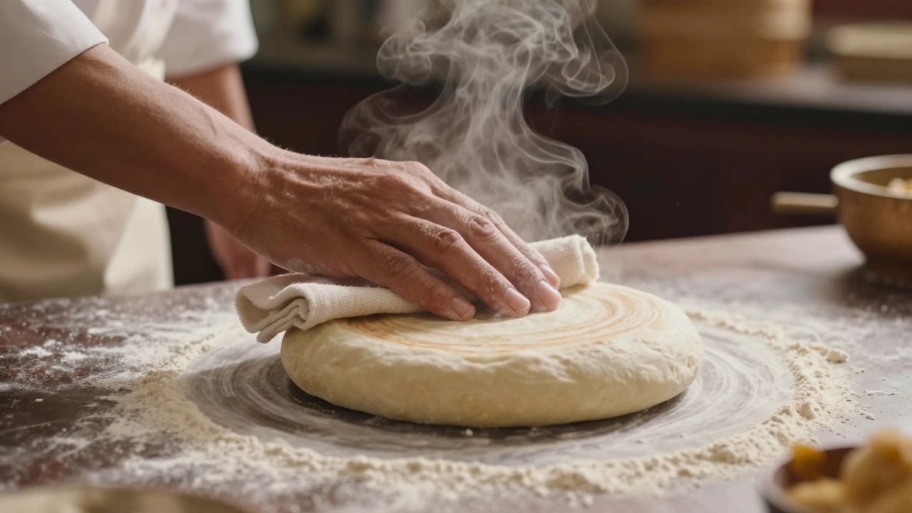 A hand gently pressing a roti with a cloth as it balloons with steam.