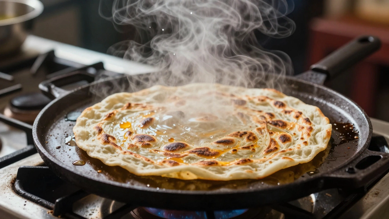 A roti puffing up dramatically on a hot tawa with steam rising.