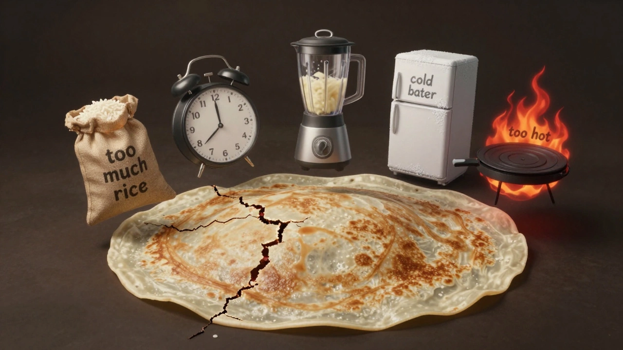 A rubbery dosa breaking apart to reveal five common mistakes, with a perfect dosa at the center.