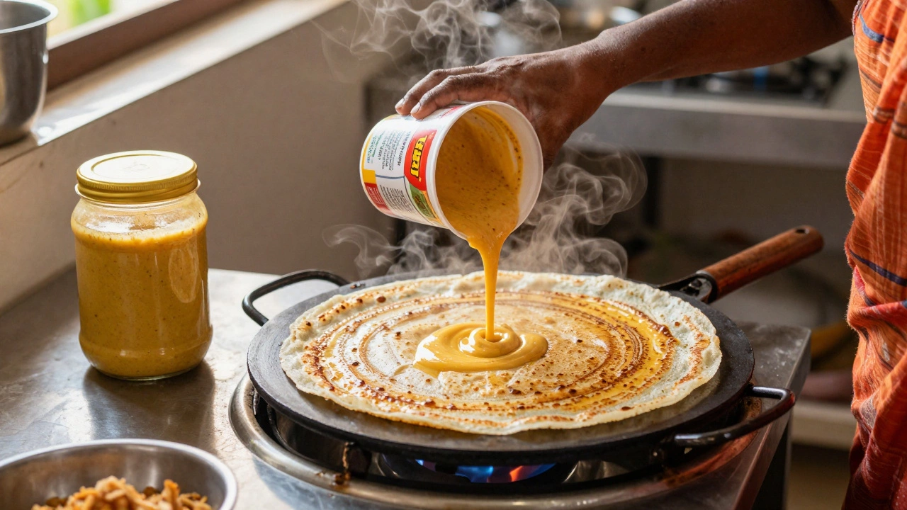 A woman cooking dosas from ready-made batter in a traditional South Indian kitchen at dawn.