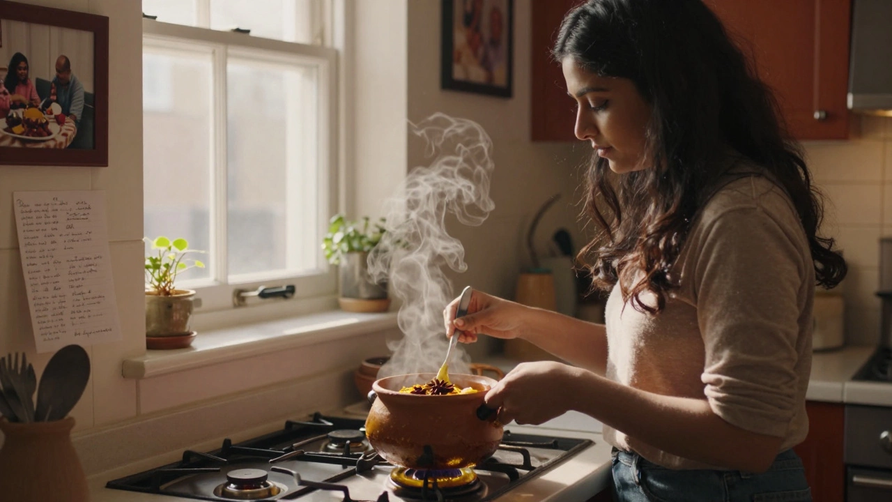 A woman preparing desi gravy with whole spices toasting in ghee in a kitchen.