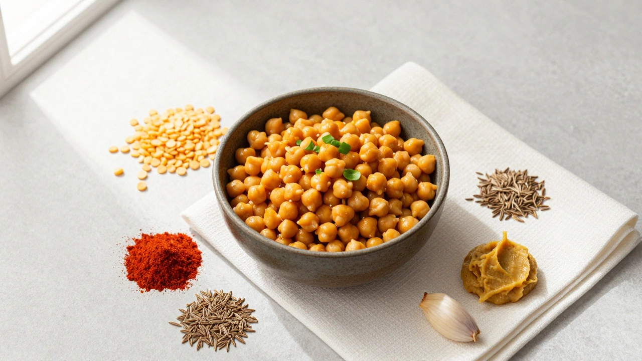 Bowl of chickpeas surrounded by loose spices and herbs.