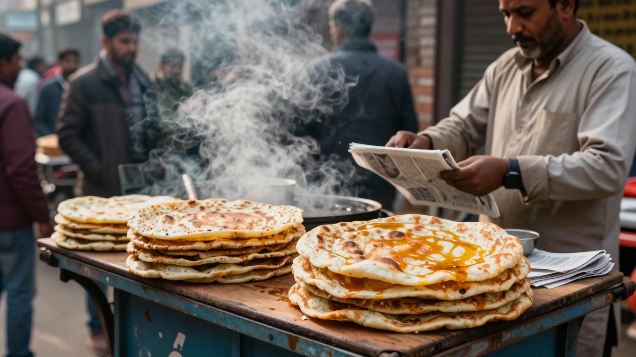 Busy street vendor serving parathas in a morning market.