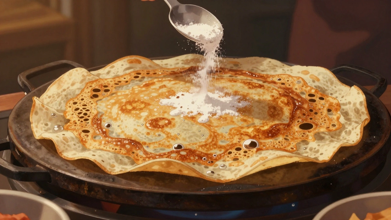 Close-up of a crispy dosa edge with golden bubbles and latticework, cooking on a hot griddle.