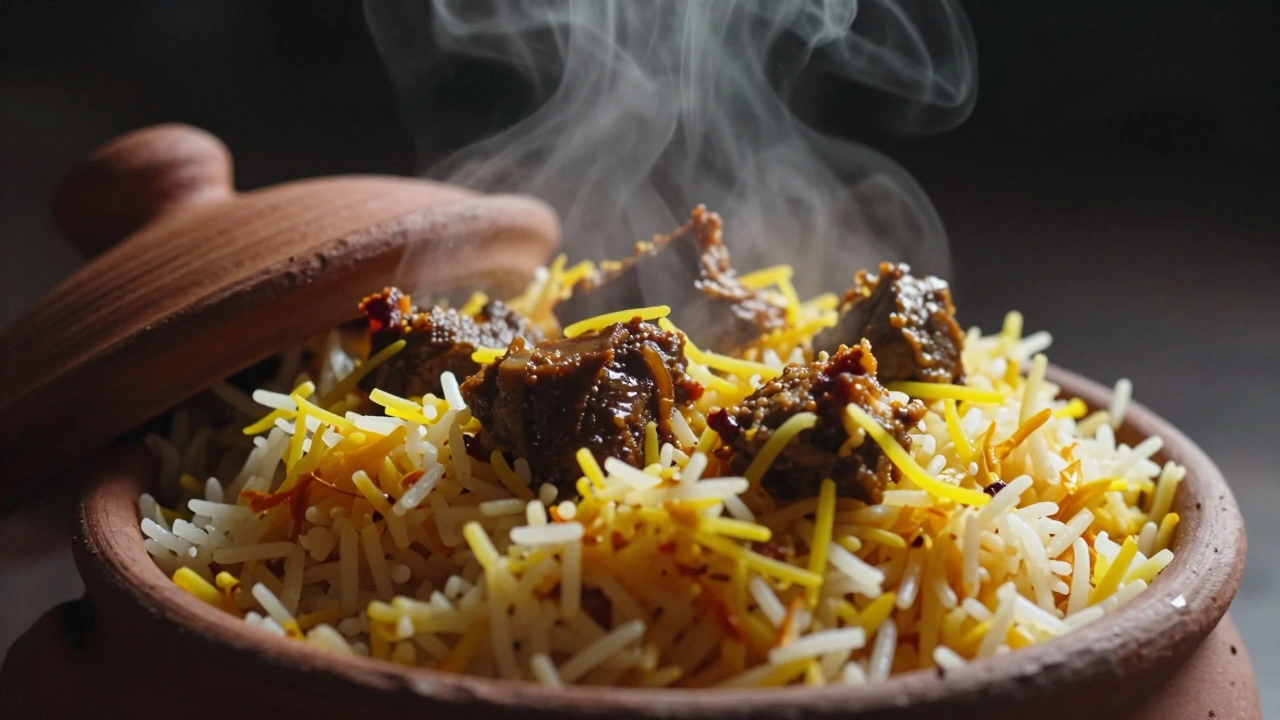 Close up of layered biryani rice and meat in a clay pot.
