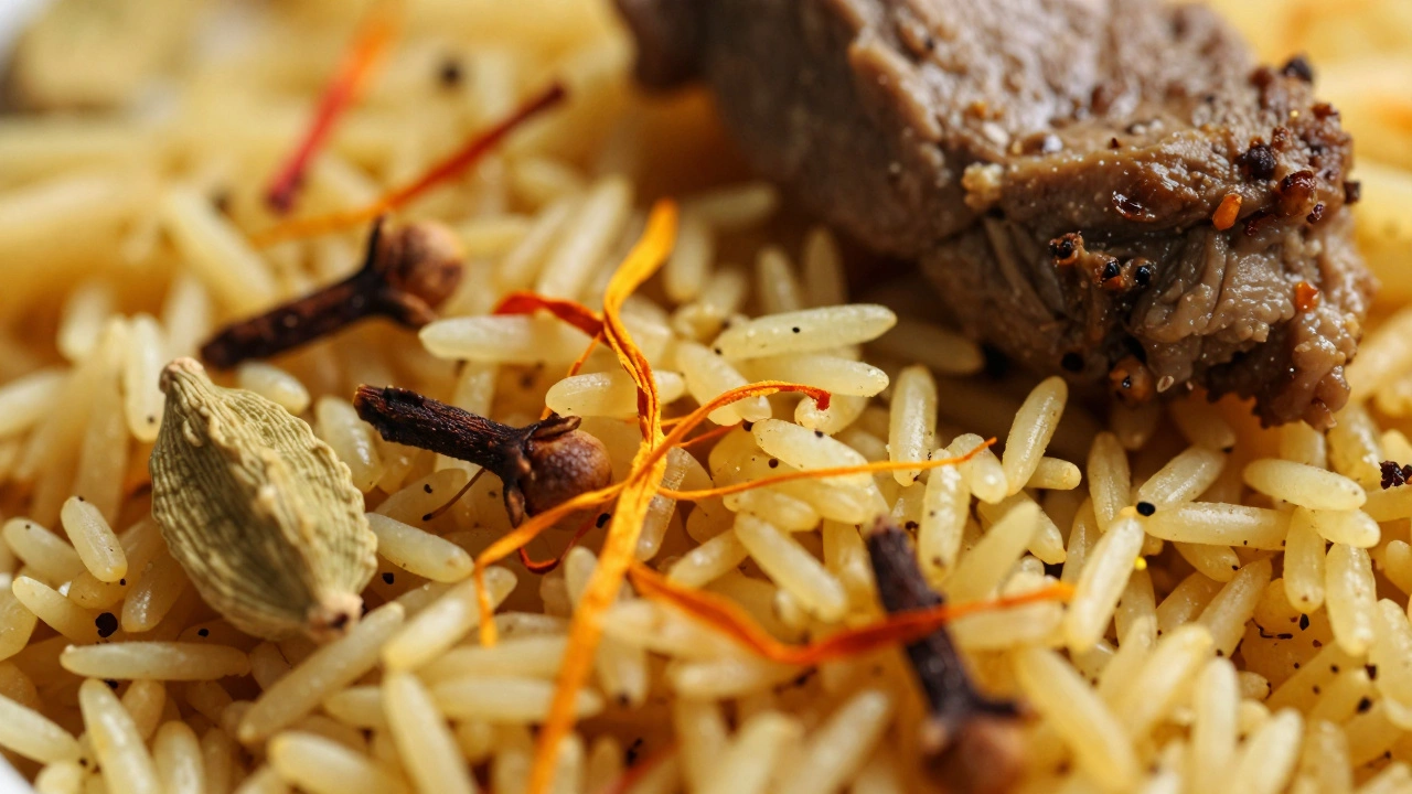 Macro shot of aromatic basmati rice grains mixed with saffron and spices.