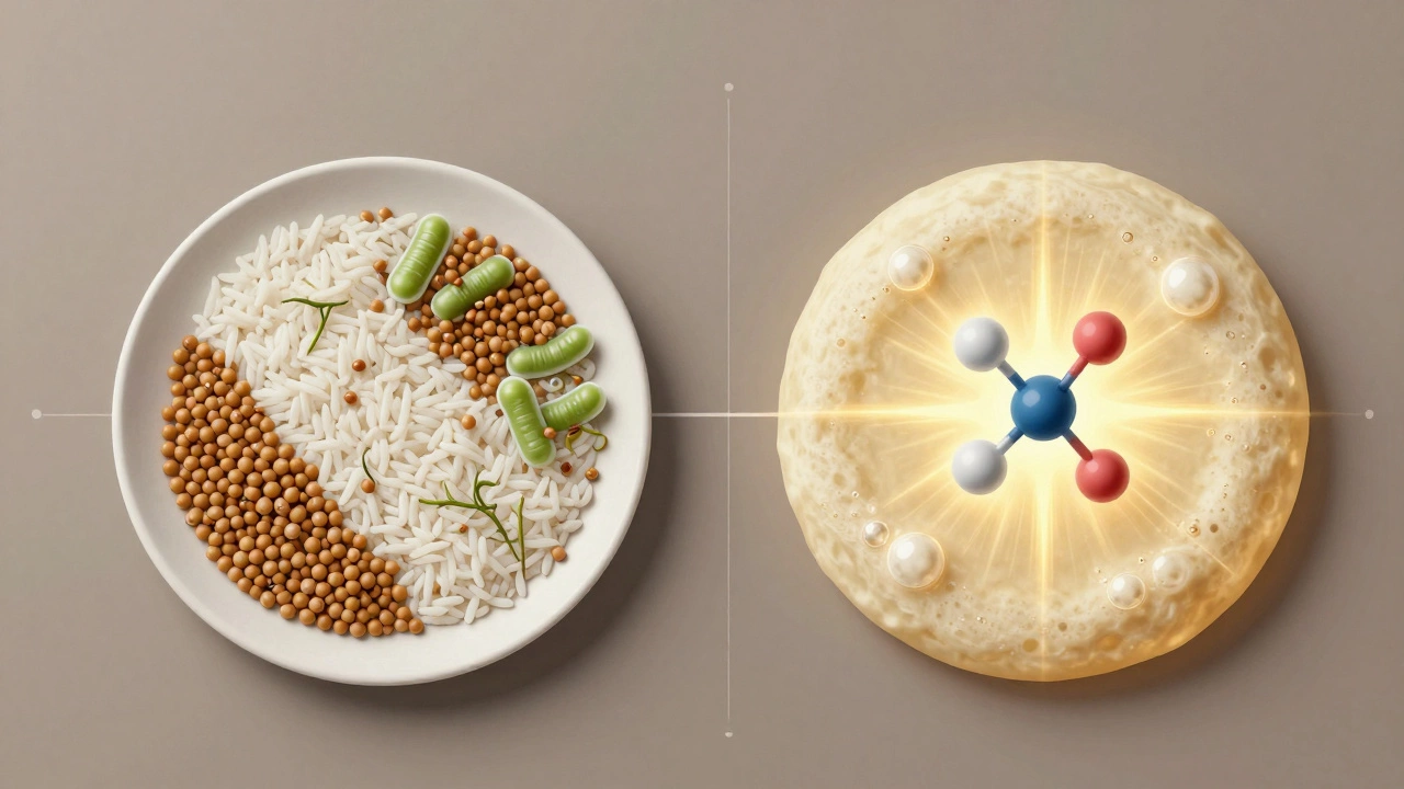 Scientific diagram showing fermentation microbes and baking soda molecules interacting to preserve air bubbles in dosa batter.