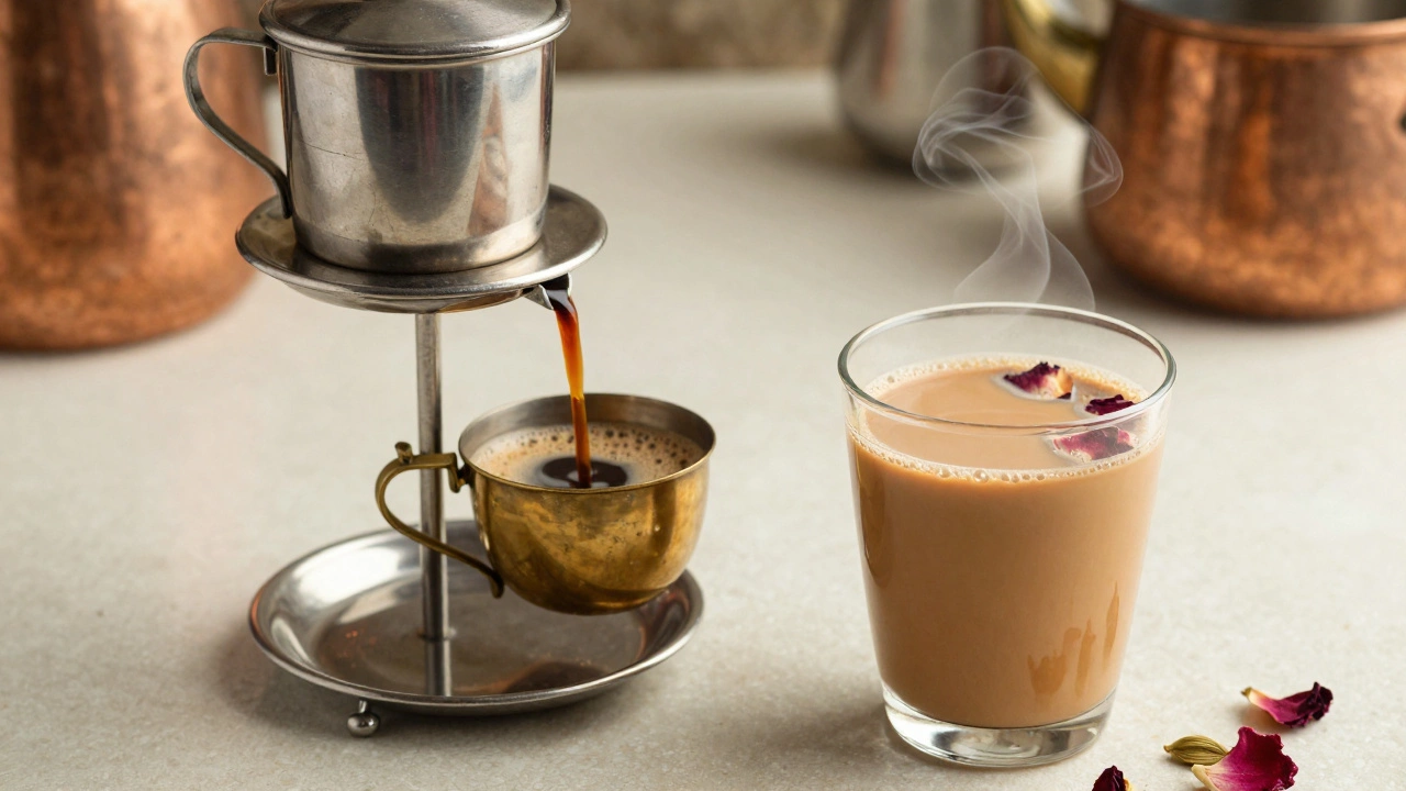 Steaming cups of chai and filter coffee on a table.