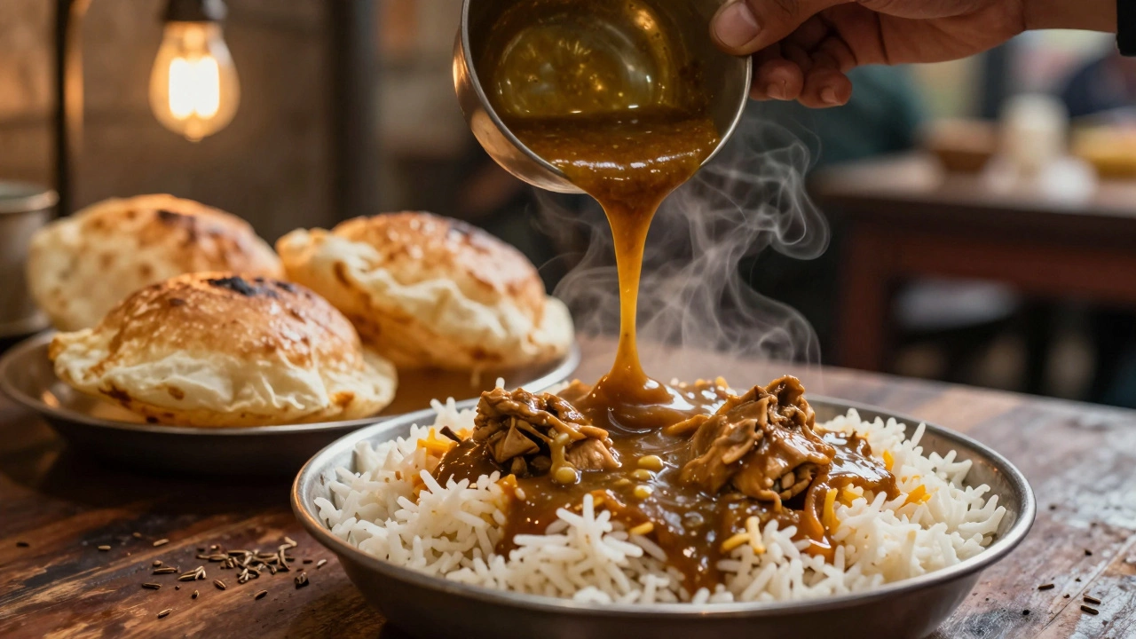Thick chicken gravy being poured over steaming rice at a Delhi street eatery.