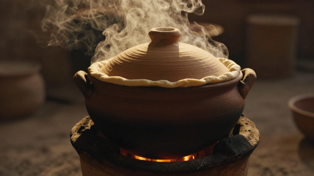 Traditional clay pot sealed with dough cooking biryani over an open flame.