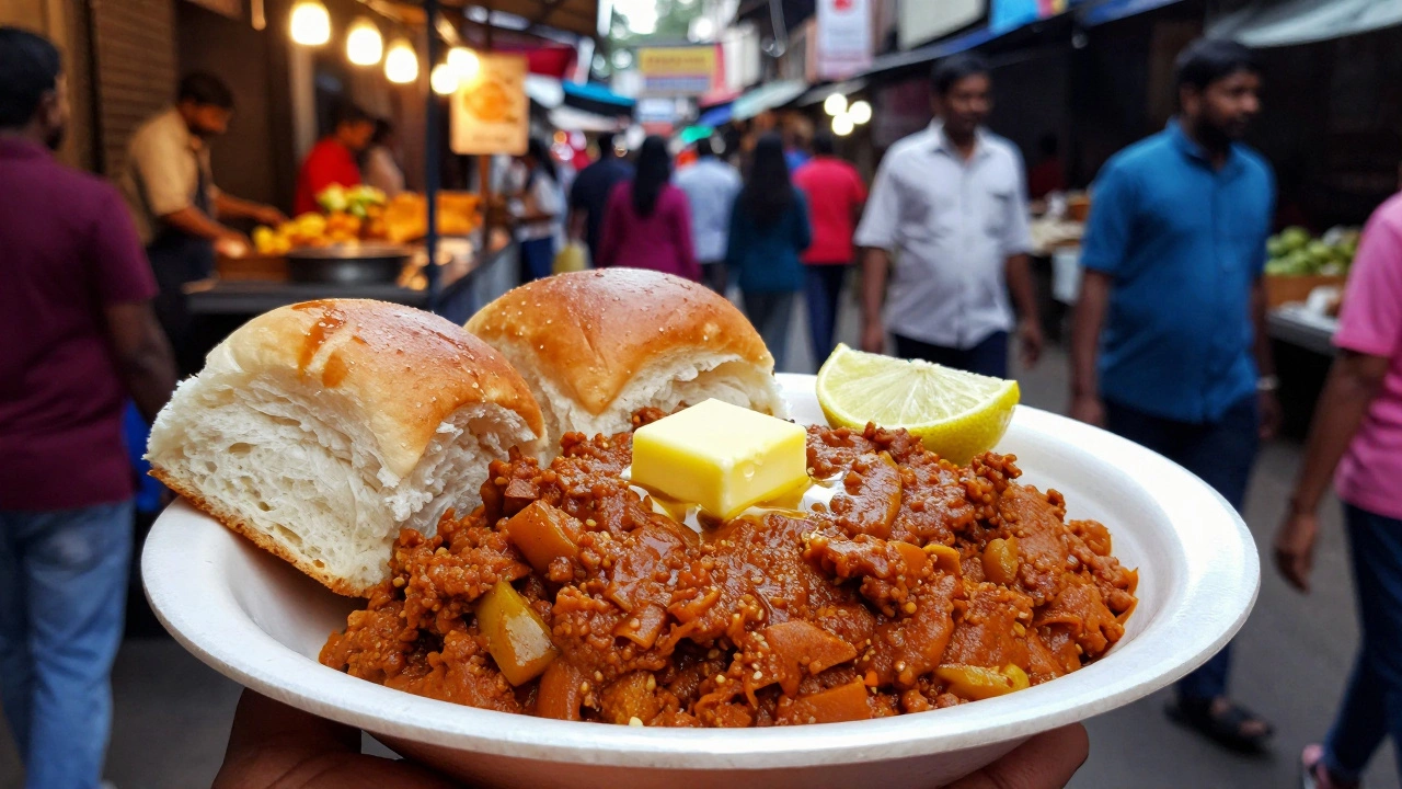 Butter-toasted Pav Bhaji street food served with buns and a lemon wedge