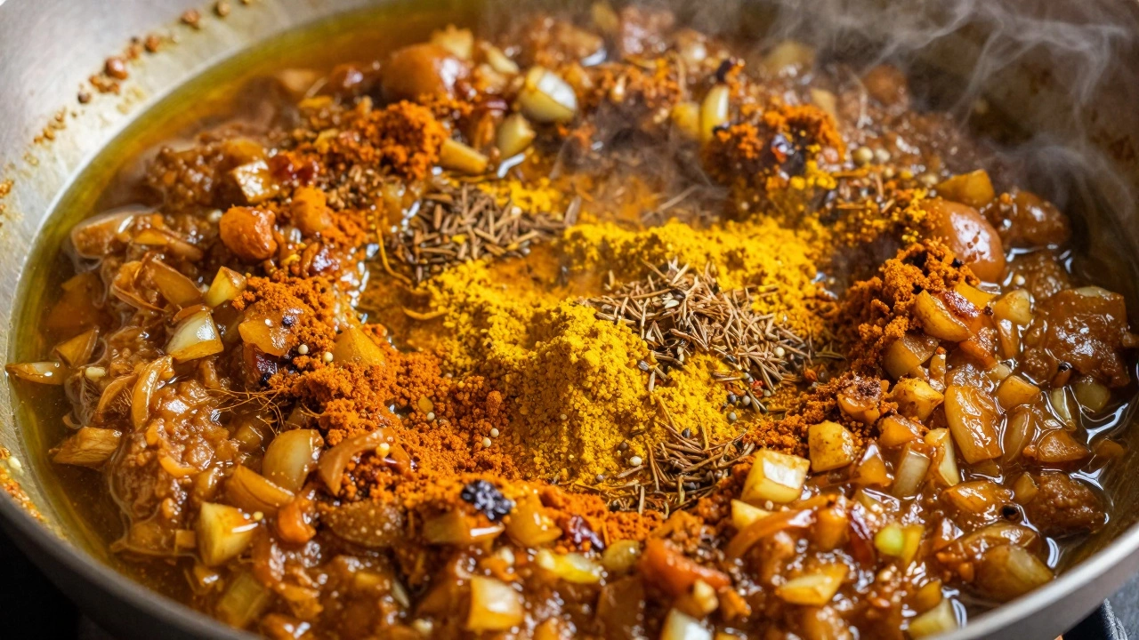 Caramelized onions and colorful spice powders blending into a rich masala paste