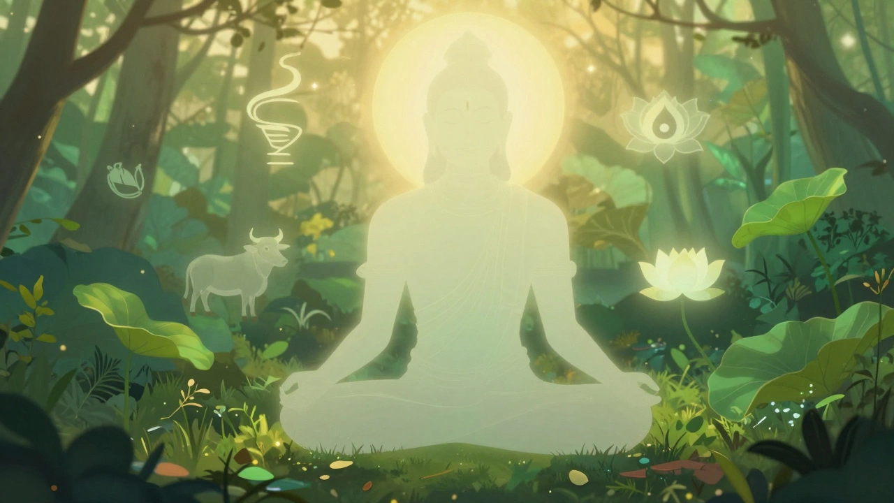 Conceptual art depicting the philosophy of Ahimsa with a meditating figure and nature symbols.