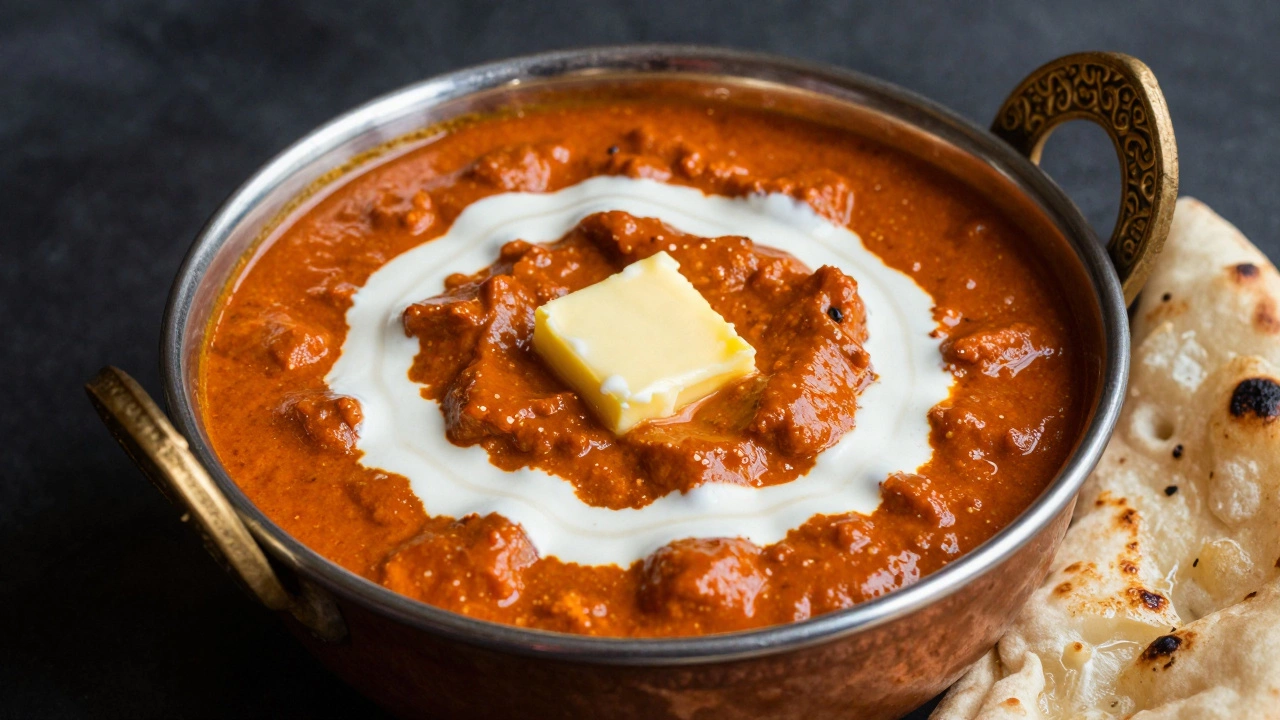 Creamy butter chicken in a copper bowl with a swirl of cream and butter