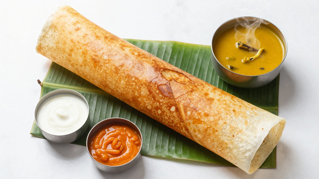 Crispy Masala Dosa on a banana leaf with coconut chutney and sambar