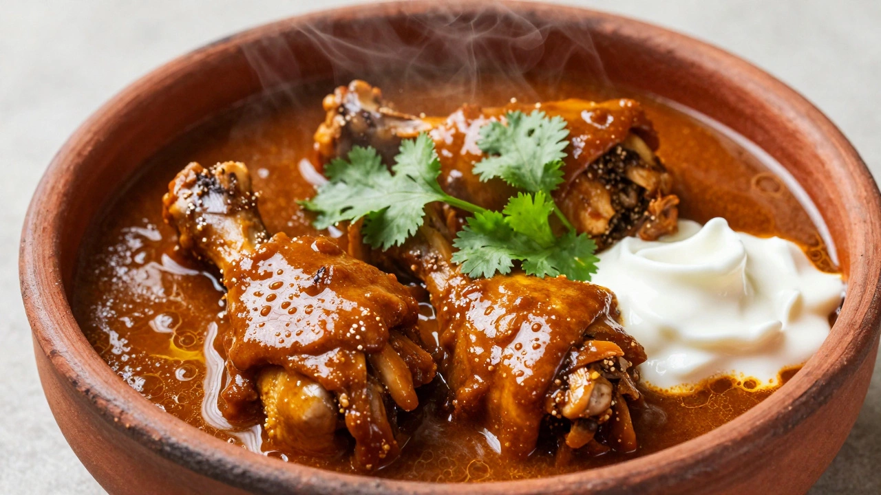 Finished chicken curry in a clay bowl garnished with fresh cilantro and yogurt