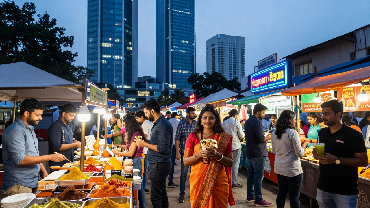Modern urban scene in Bangalore showing young people eating plant-based food at a market.