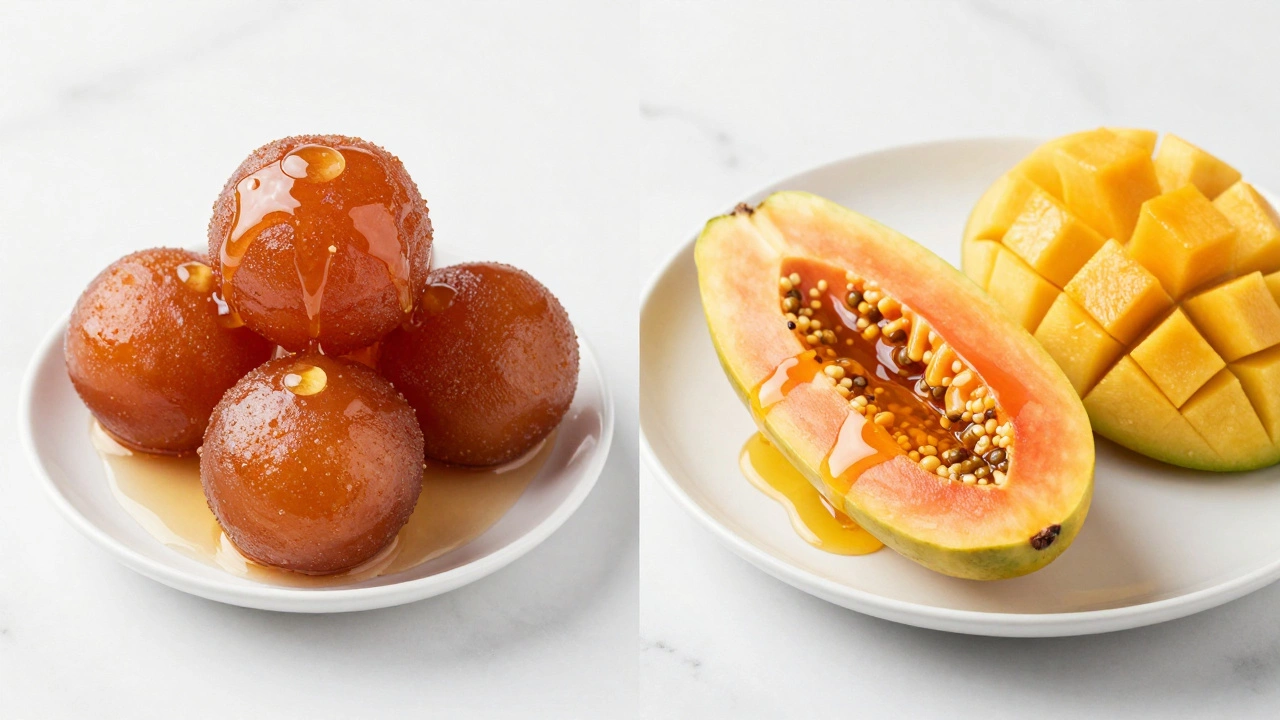 Split view of a syrupy Gulab Jamun and a platter of fresh honeyed fruits