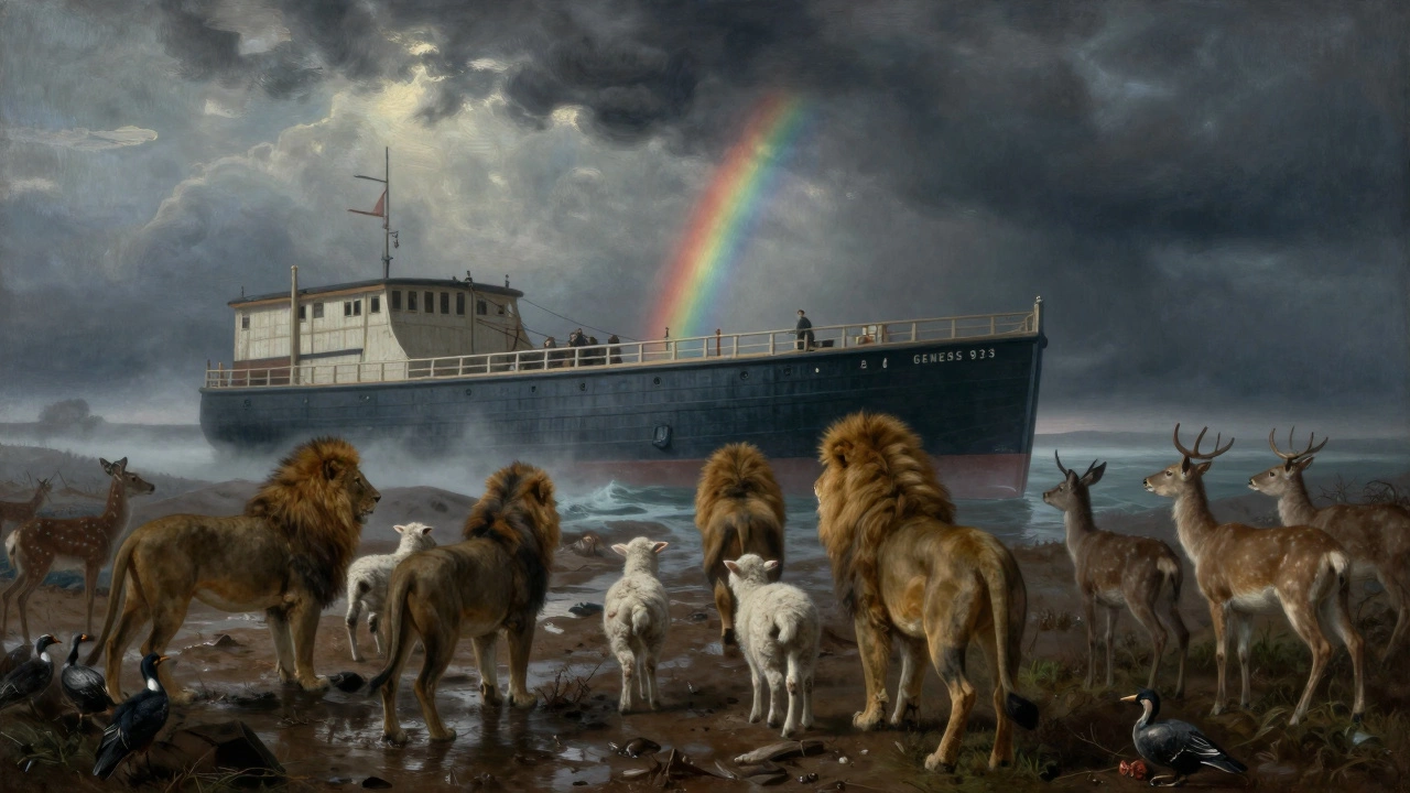 Animals exiting Noah's Ark under a rainbow after the flood
