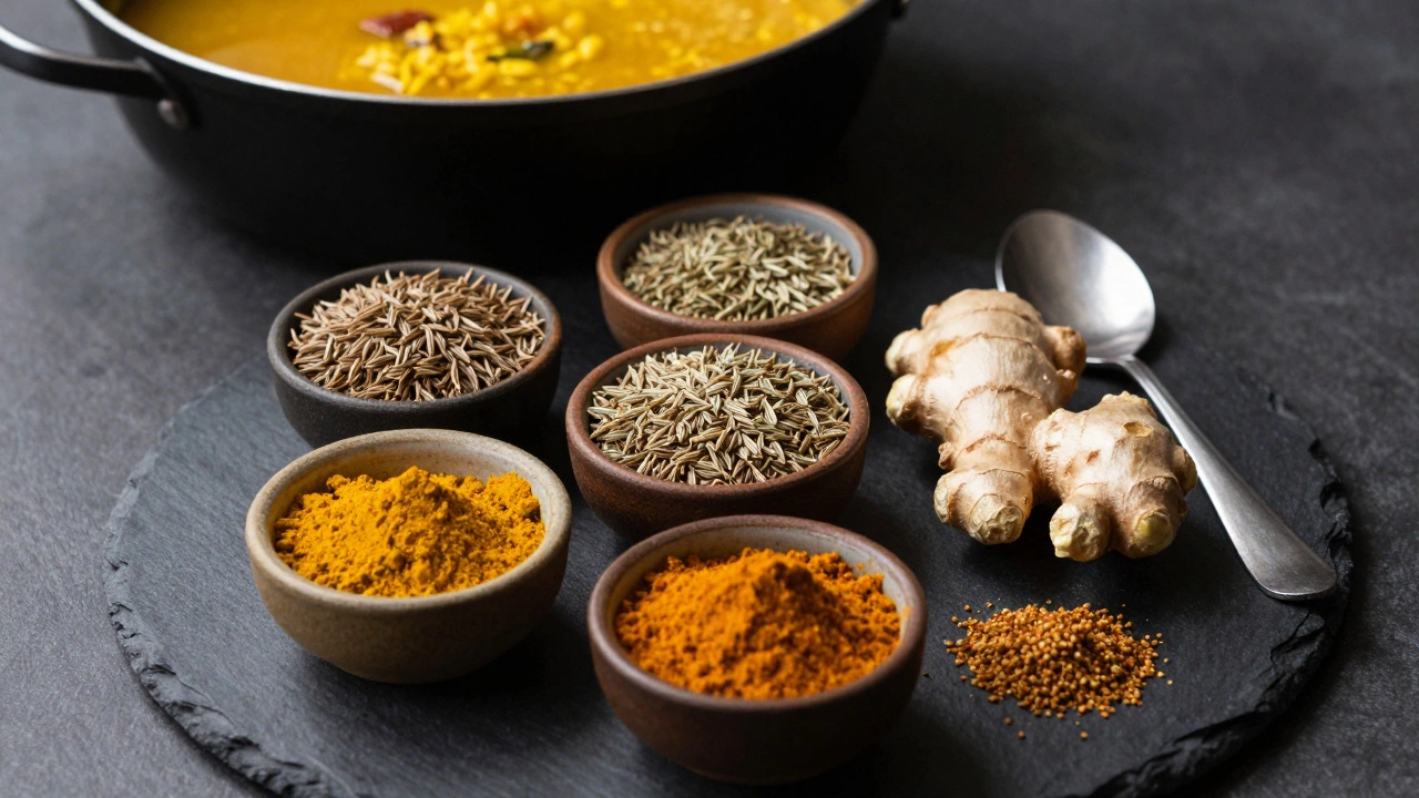 Arrangement of digestive spices like cumin, ginger, and hing