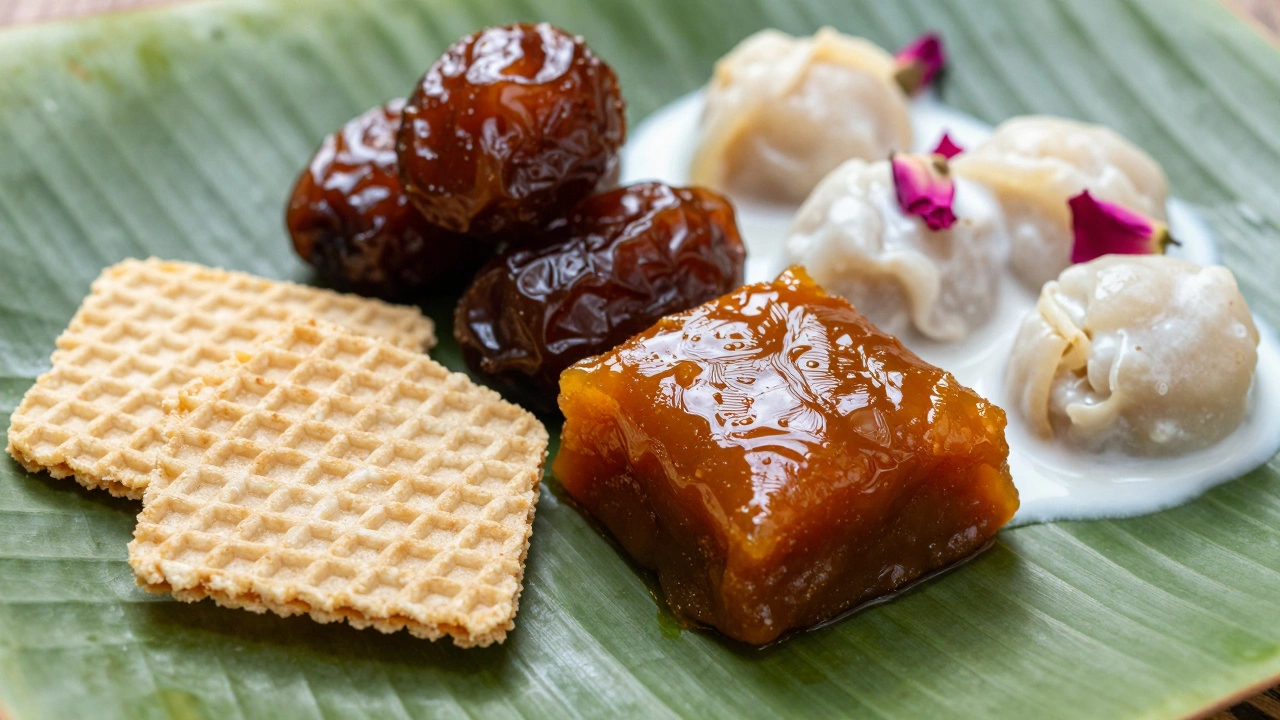 Assortment of rare Indian sweets on banana leaf