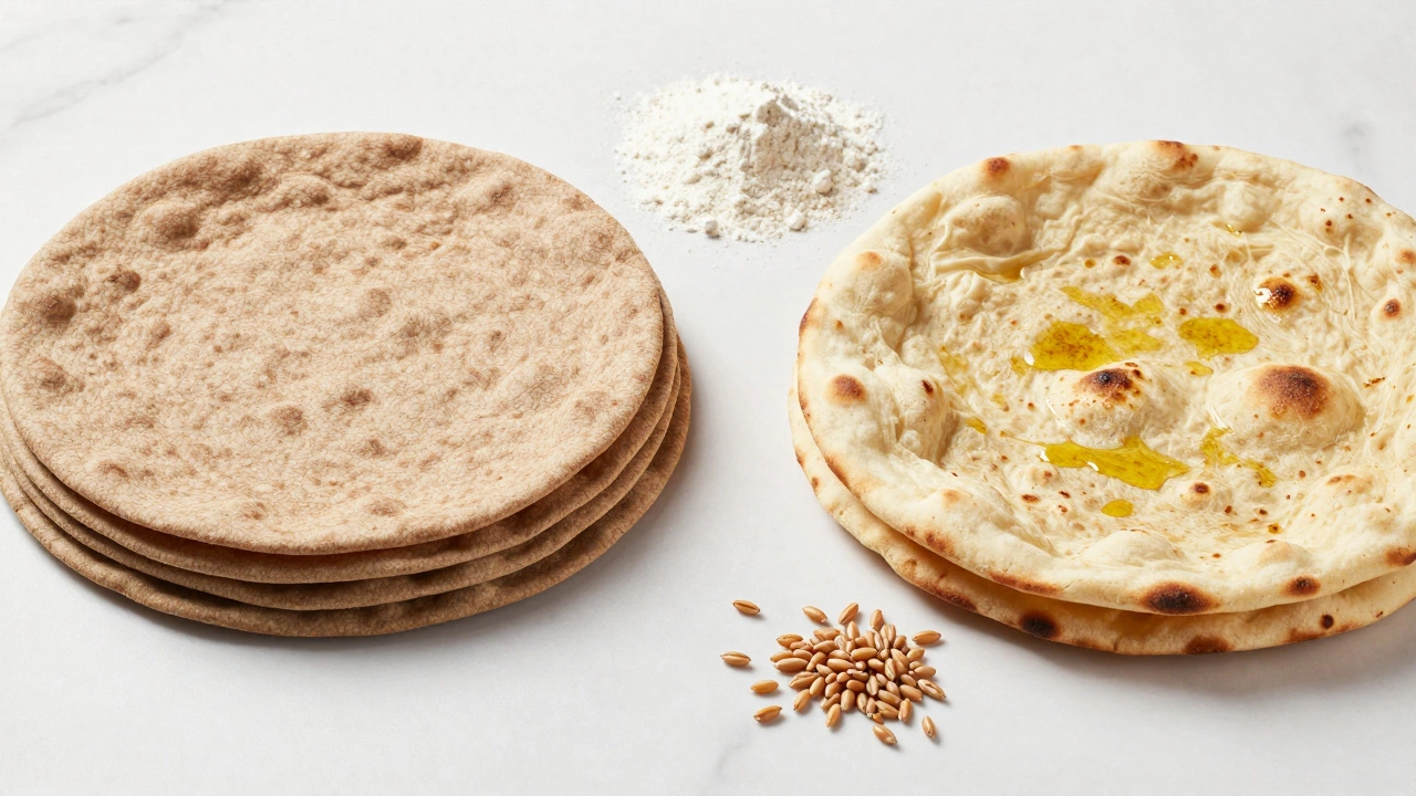 Comparison of whole wheat roti and plain naan bread