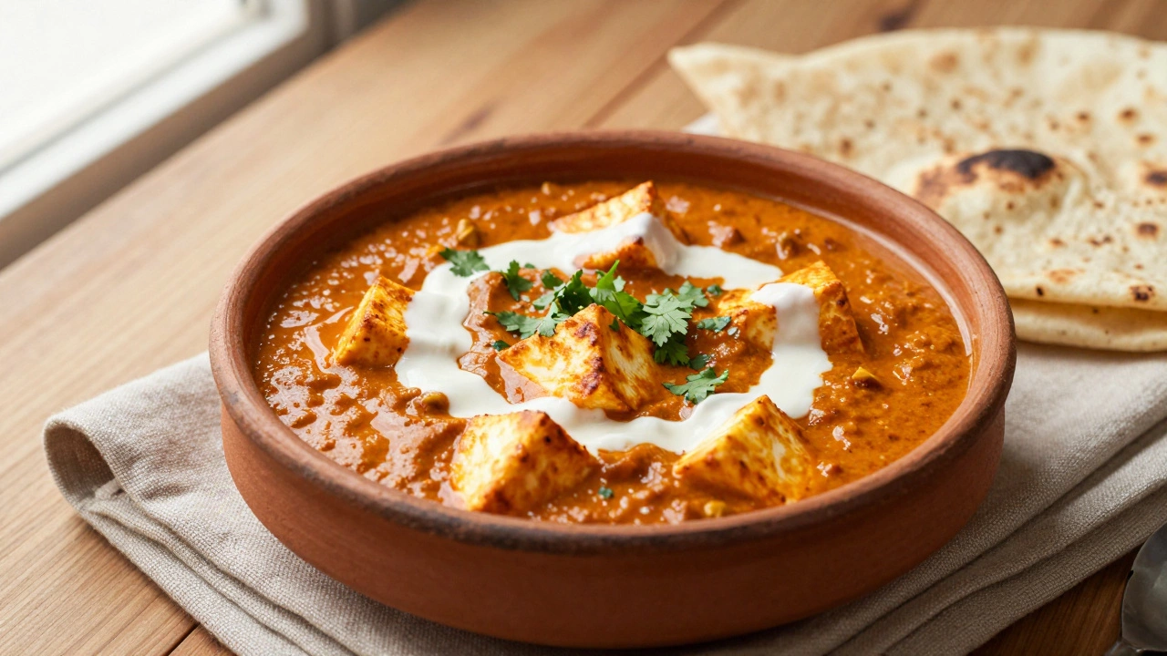 Creamy paneer curry in clay bowl with garnish