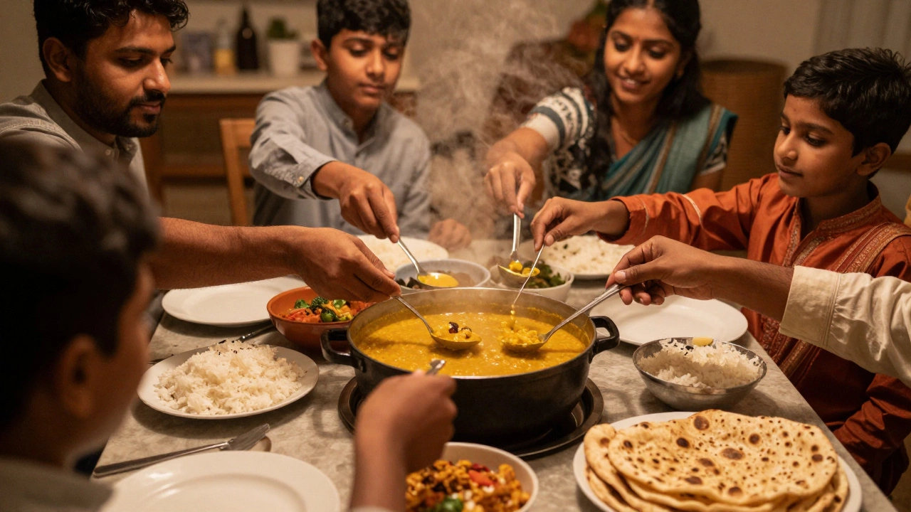 Family sharing a communal meal of dal, rice, and roti at a dinner table