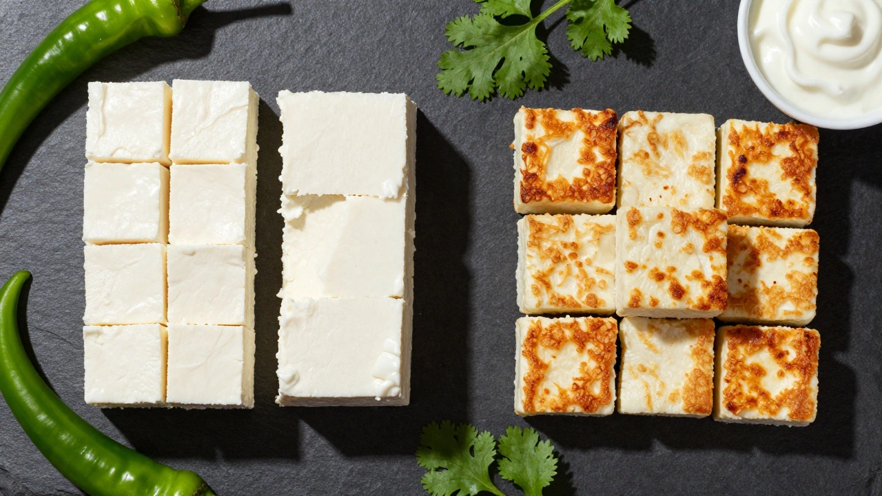 Fresh and fried paneer cubes on dark slate board
