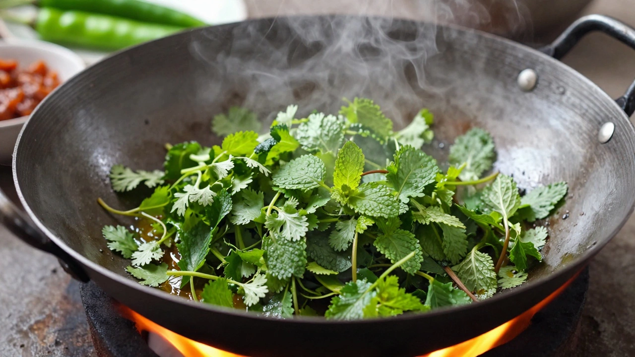 Fresh green herbs sauteing uncovered in a traditional wok