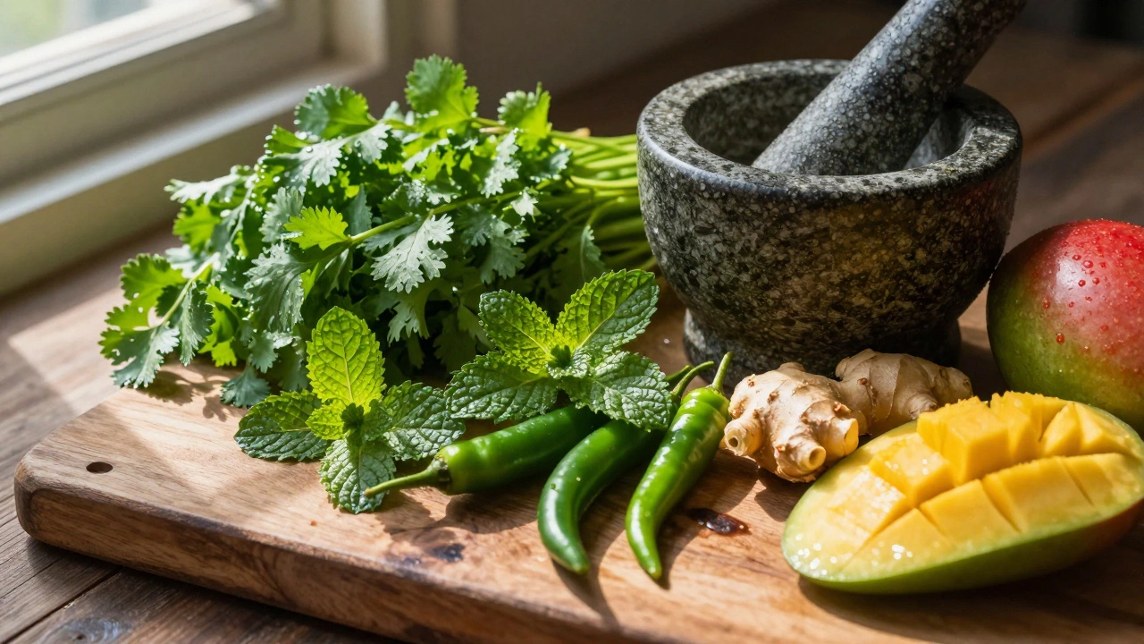 Fresh herbs, chilies, and mango arranged around a mortar and pestle.