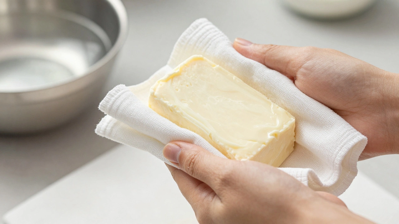 Fresh paneer draining in a loose muslin cloth bundle on a kitchen counter.