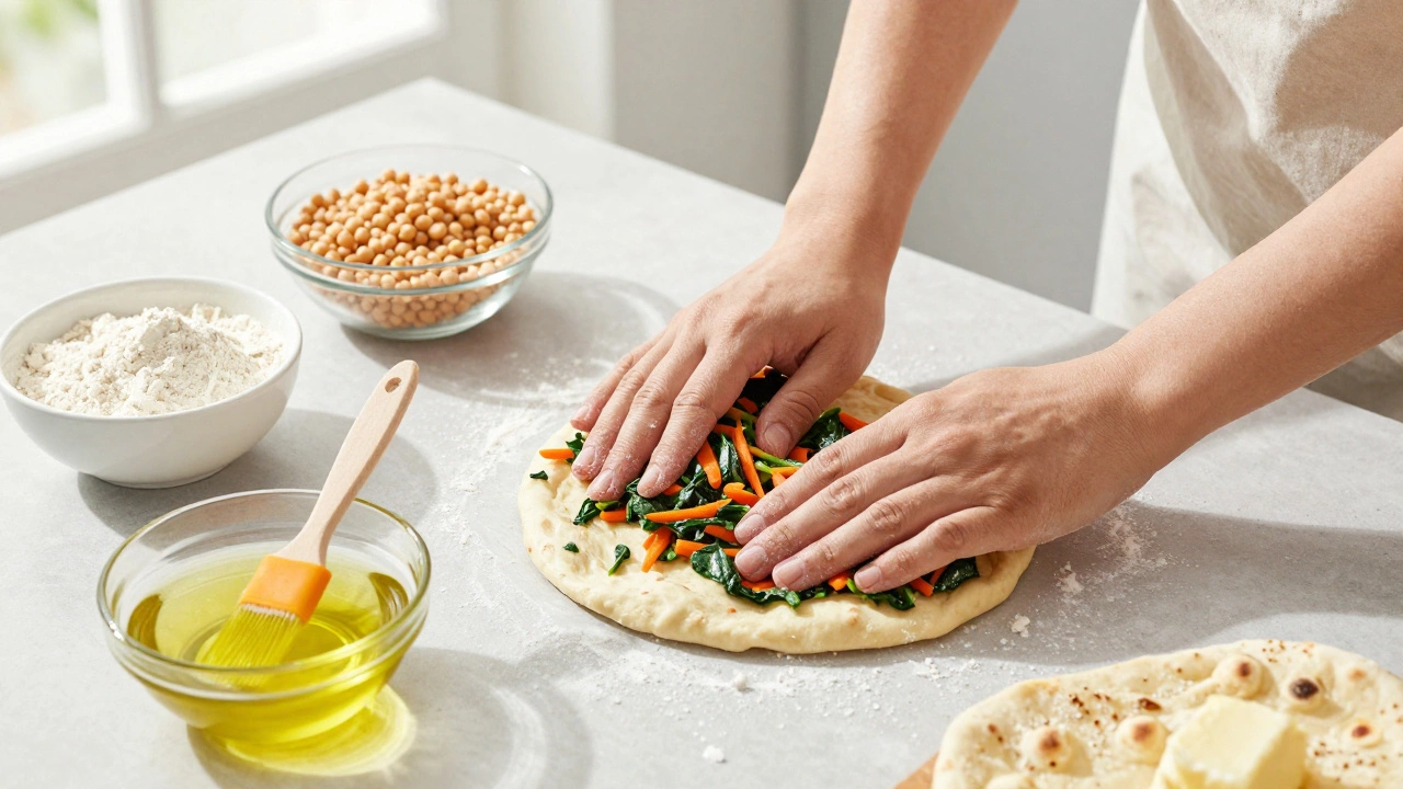 Hands preparing healthy vegetable-infused naan dough