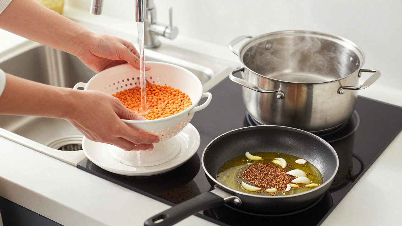 Hands rinsing red lentils with a pot of dal and tempering spices nearby