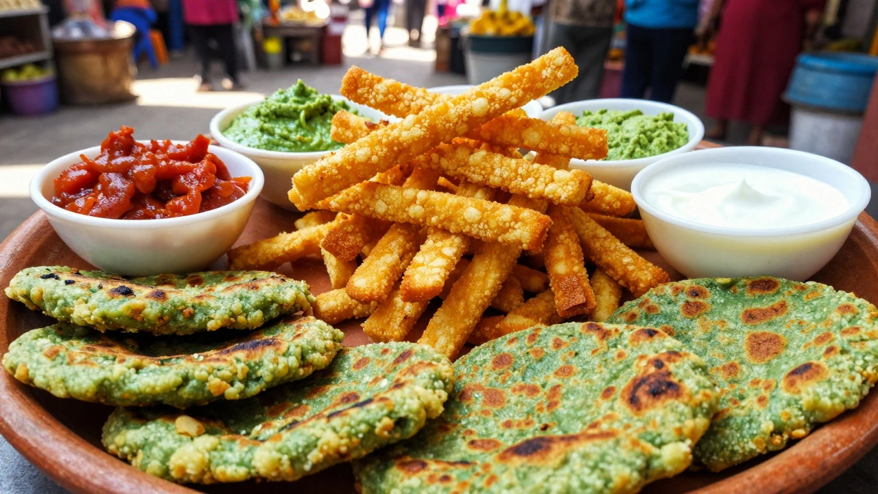 Plate of crispy fafda strips with thepla, pickles, and yogurt