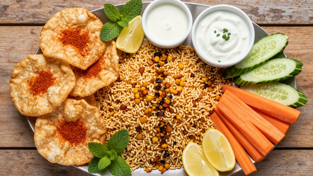Platter of healthy Indian snacks including papad, murmura, and veggies