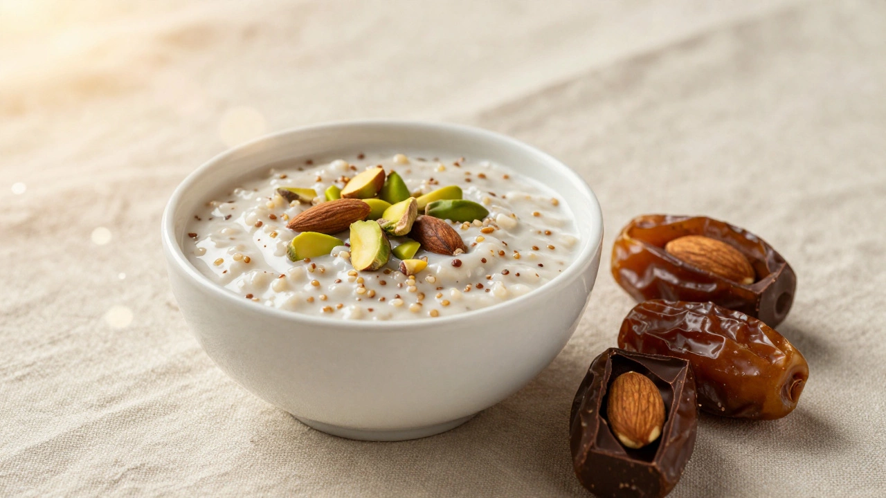 Quinoa kheer and dark chocolate stuffed dates on a linen cloth