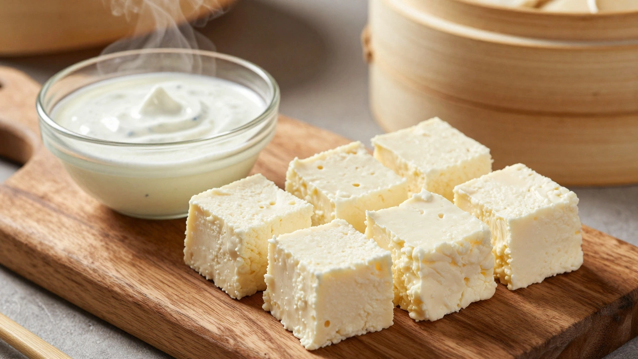 Soft paneer cubes on a wooden board next to a yogurt marinade and steamer.