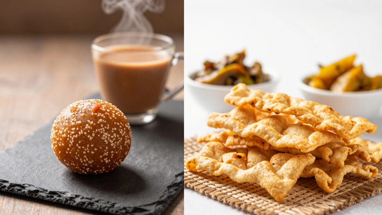 Split image comparing sweet mawa laddu with salty fafda snack