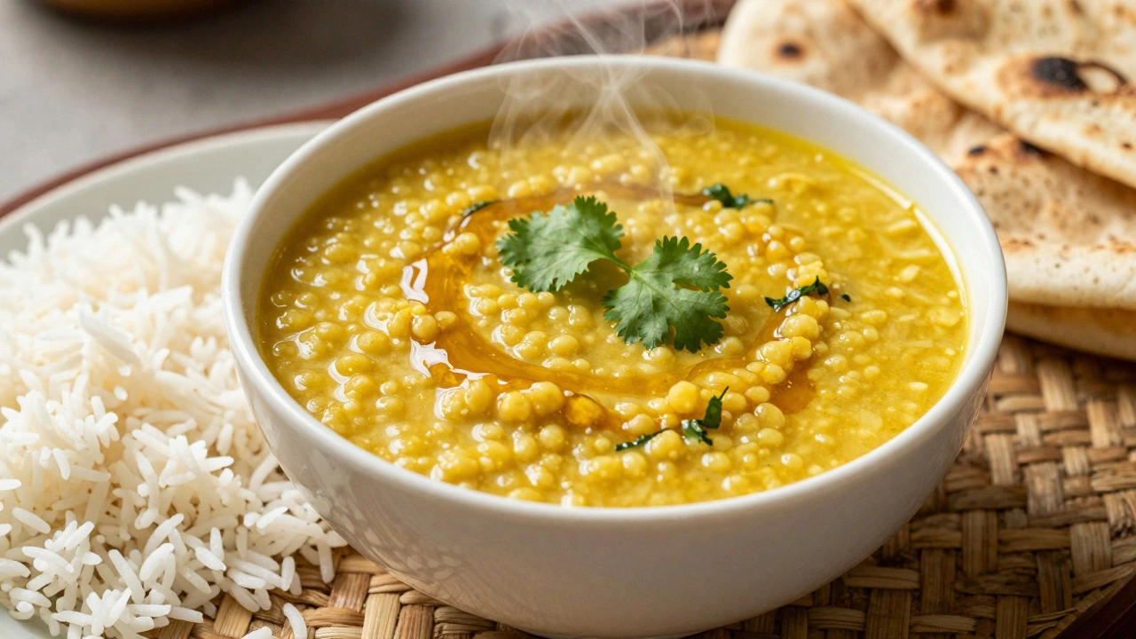 Steaming bowl of creamy yellow dal garnished with cilantro