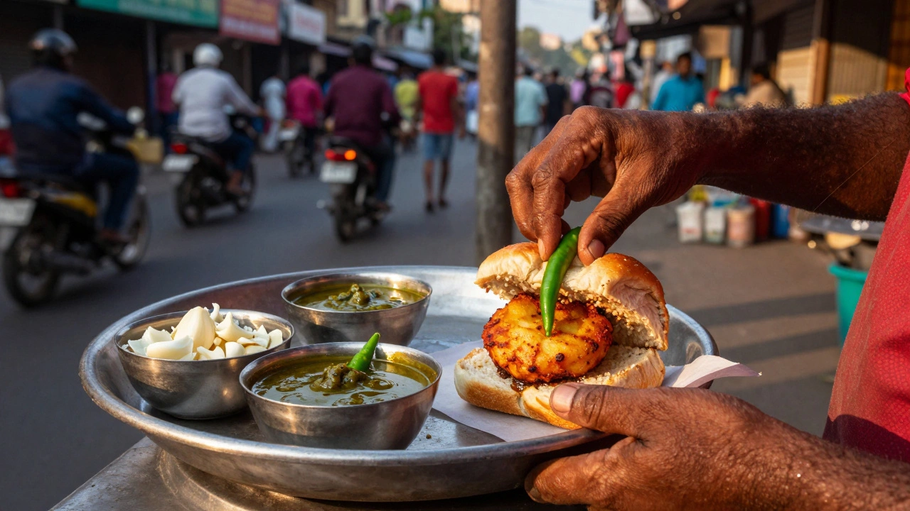 Street vendor adding three types of chutney to a Vada Pav snack in Mumbai.