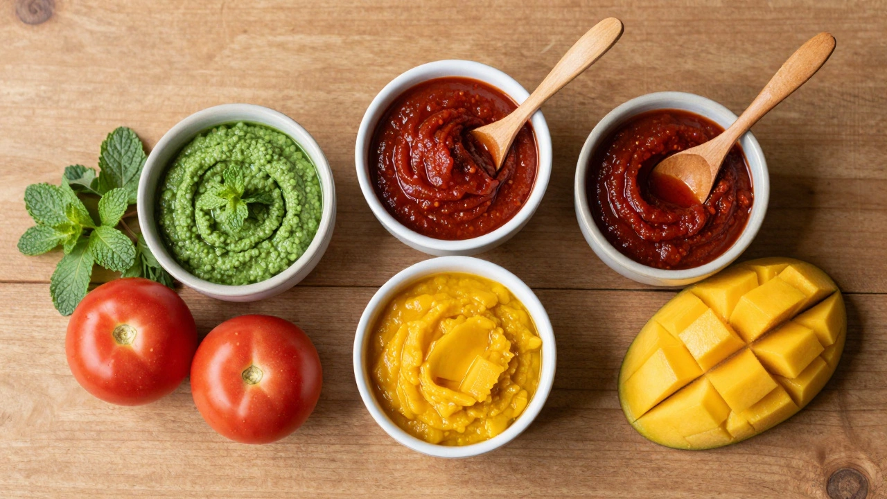 Three bowls of green, red, and sweet fruit chutneys
