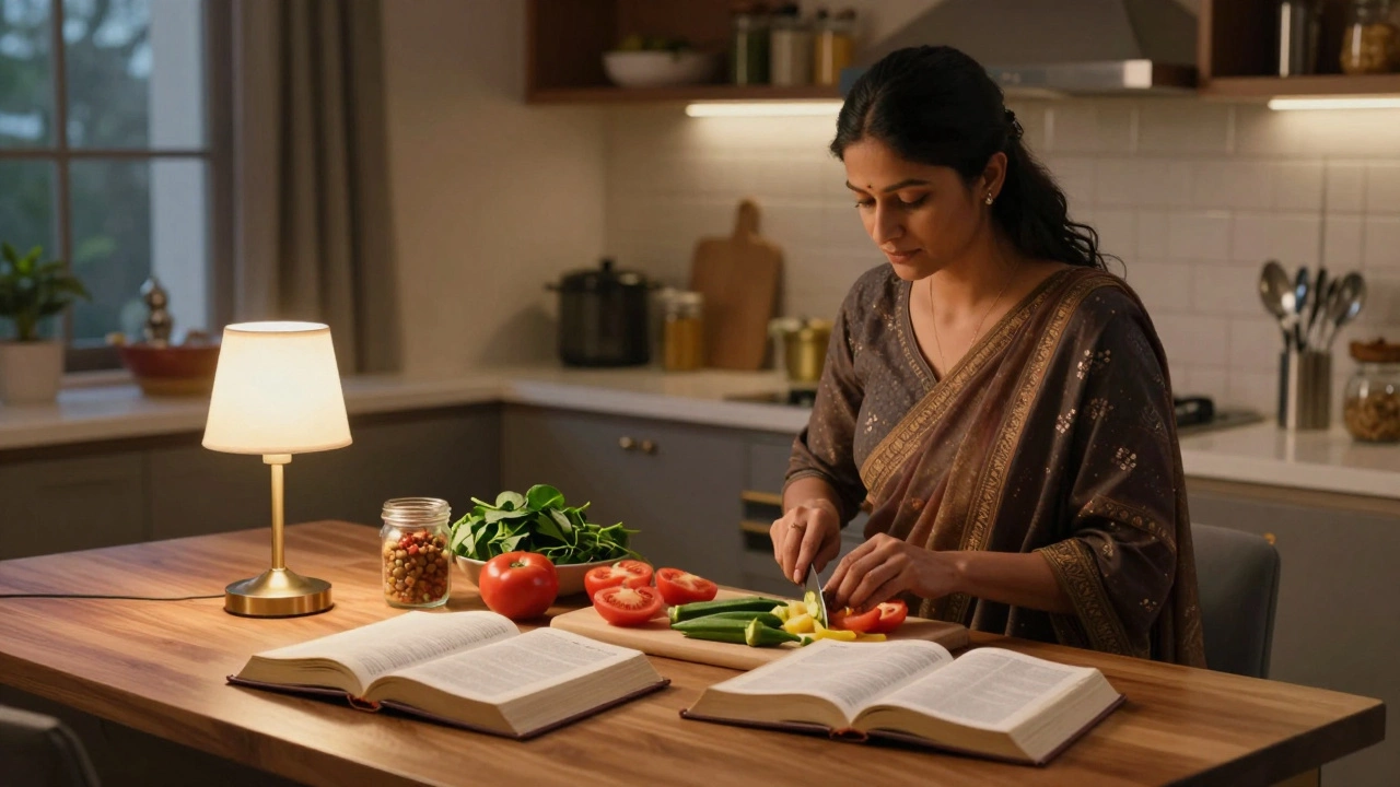 Woman preparing vegetarian meal with open Bible in kitchen