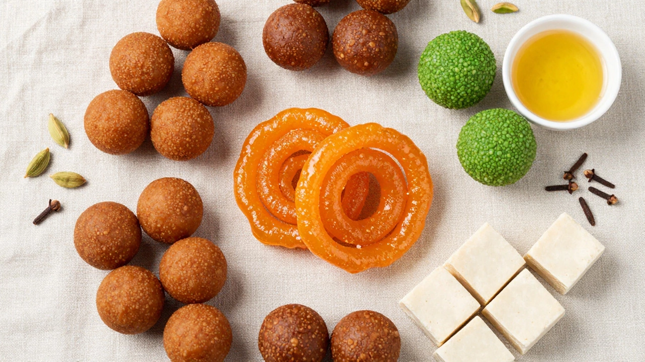Assortment of jalebi, ladoo, and barfi Indian sweets